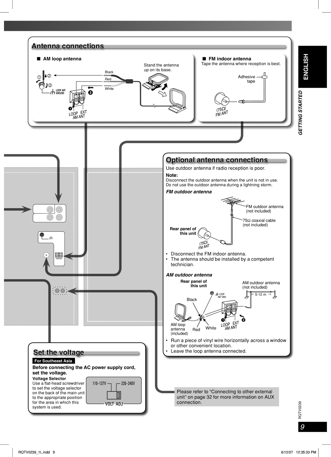 Panasonic SC-VK760, SC-VK860 manual Antenna connections, Set the voltage, Optional antenna connections, FM outdoor antenna 