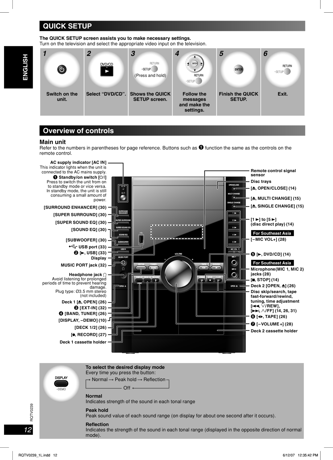 Panasonic SC-VK760, SC-VK860, SC-VK960 manual Quick Setup, Overview of controls, Main unit, English, Dansk, Lang 