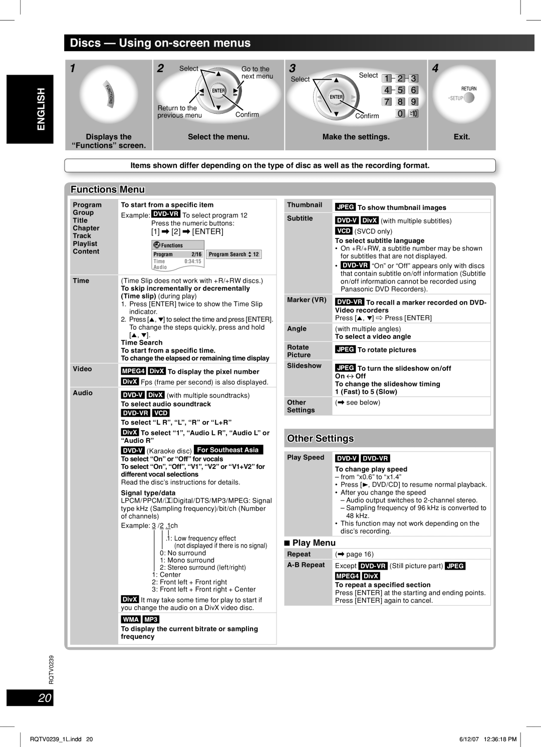 Panasonic SC-VK960 manual Discs - Using on-screenmenus, Functions Menu, Other Settings, Play Menu, English, Dansk Français 