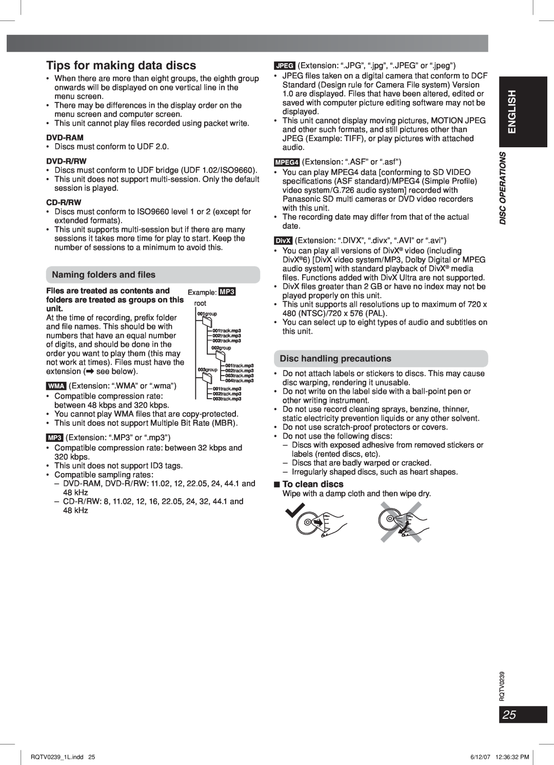 Panasonic SC-VK860 manual Tips for making data discs, Naming folders and ﬁles, Disc handling precautions, To clean discs 