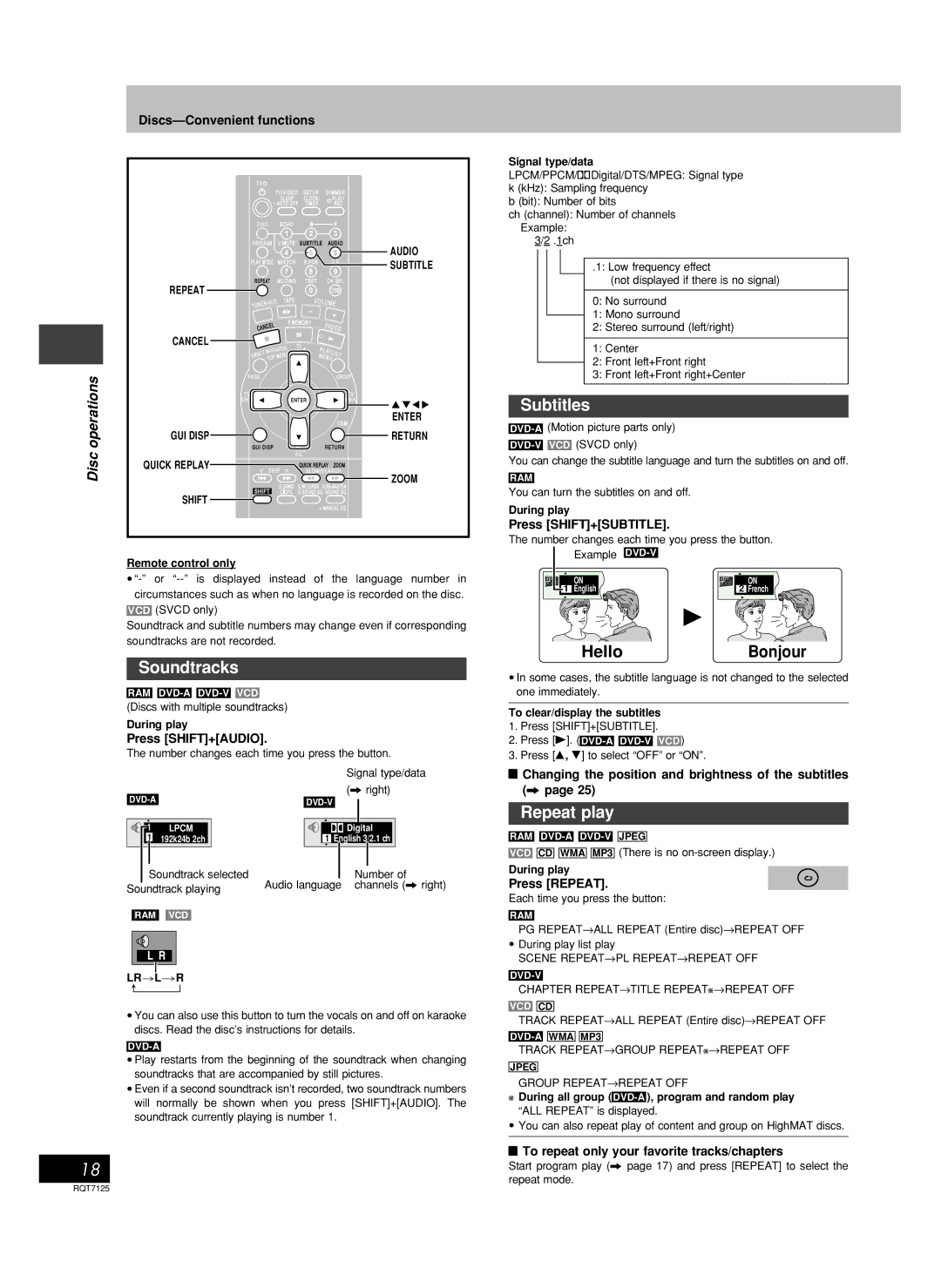 Panasonic SC-VK90D, SC-VK80D, SC-VK70D operating instructions Soundtracks, Subtitles, Repeat play 