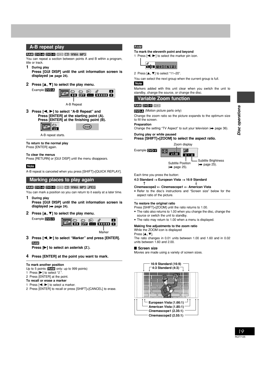 Panasonic SC-VK80D, SC-VK90D, SC-VK70D operating instructions Marking places to play again, Variable Zoom function 