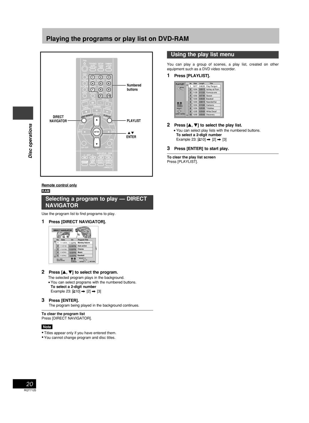 Panasonic SC-VK70D, SC-VK90D Playing the programs or play list on DVD-RAM, Selecting a program to play Direct Navigator 