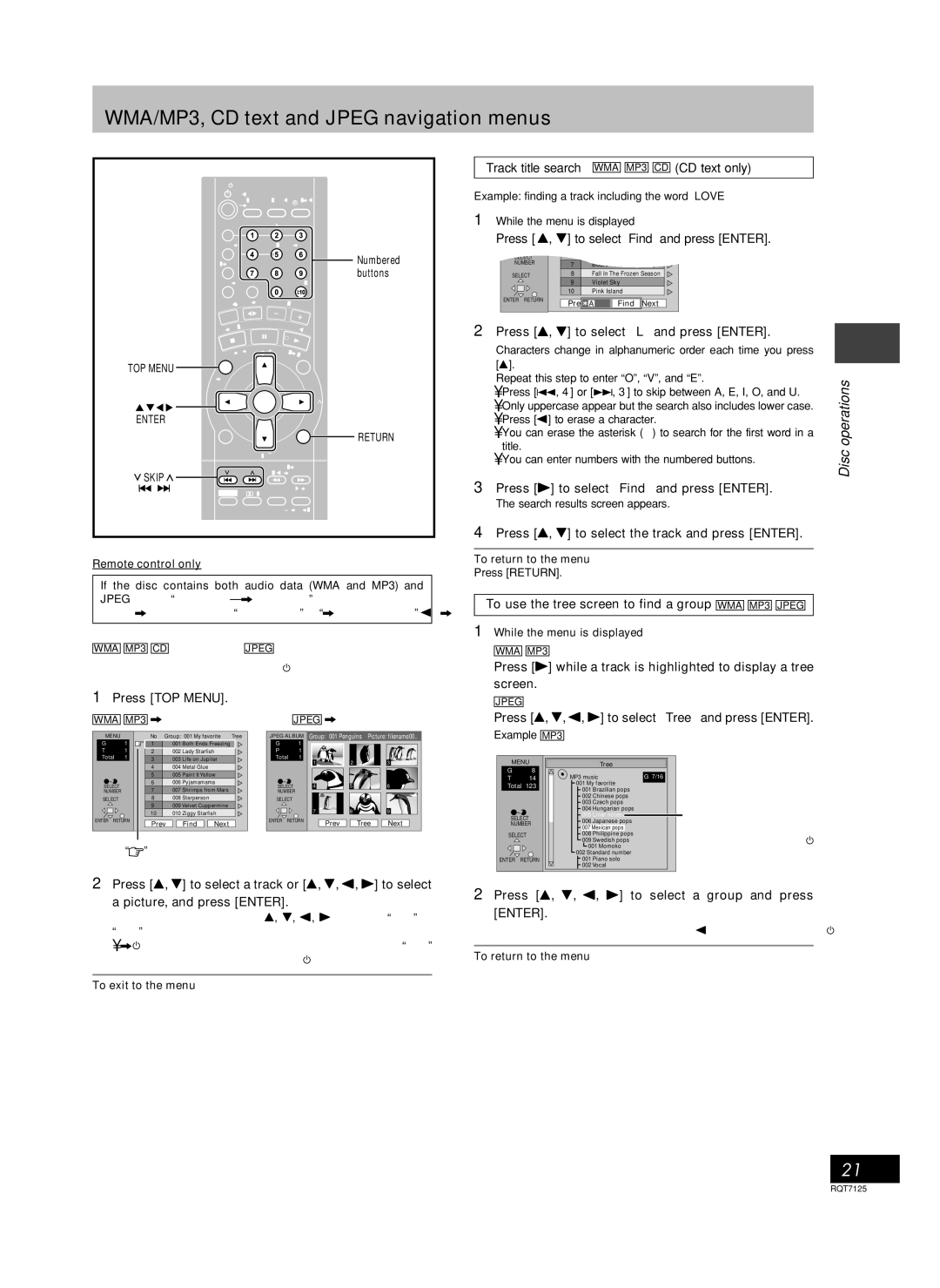 Panasonic SC-VK90D, SC-VK80D, SC-VK70D operating instructions WMA/MP3, CD text and Jpeg navigation menus 