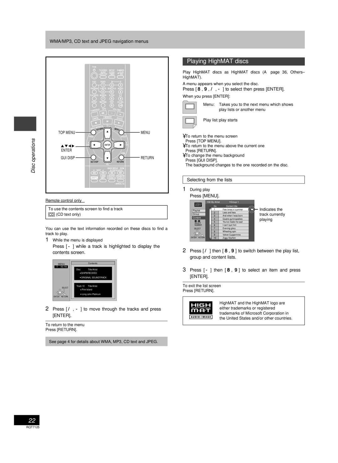 Panasonic SC-VK80D, SC-VK90D, SC-VK70D operating instructions Playing HighMAT discs 