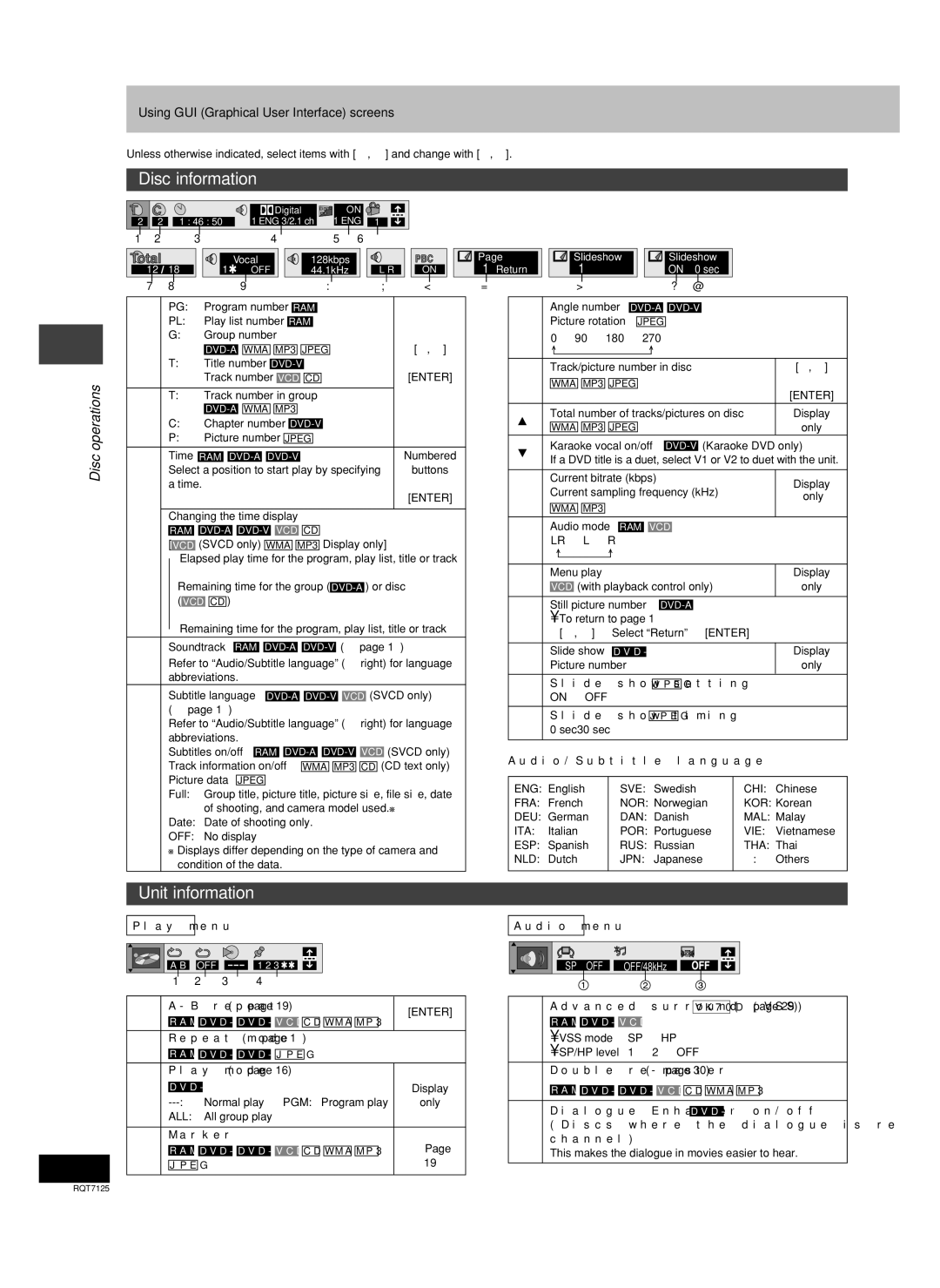 Panasonic SC-VK90D, SC-VK80D, SC-VK70D Disc information, Unit information, Using GUI Graphical User Interface screens, Off 