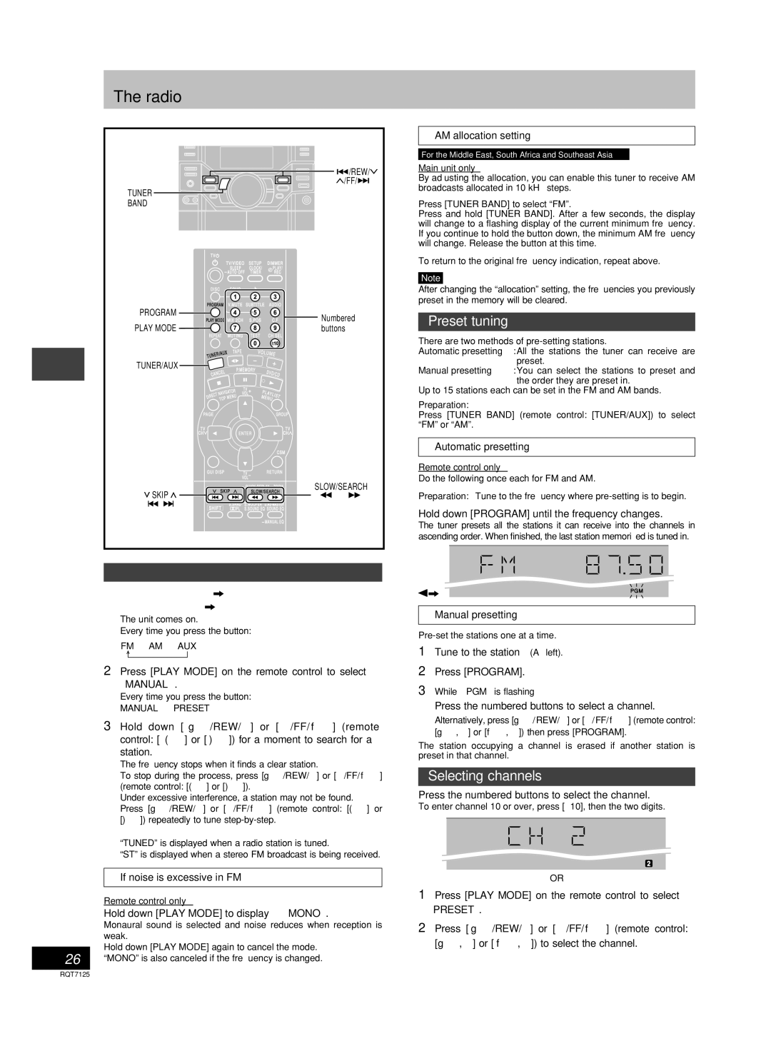 Panasonic SC-VK70D, SC-VK90D, SC-VK80D operating instructions Radio, Preset tuning, Manual tuning, Selecting channels 