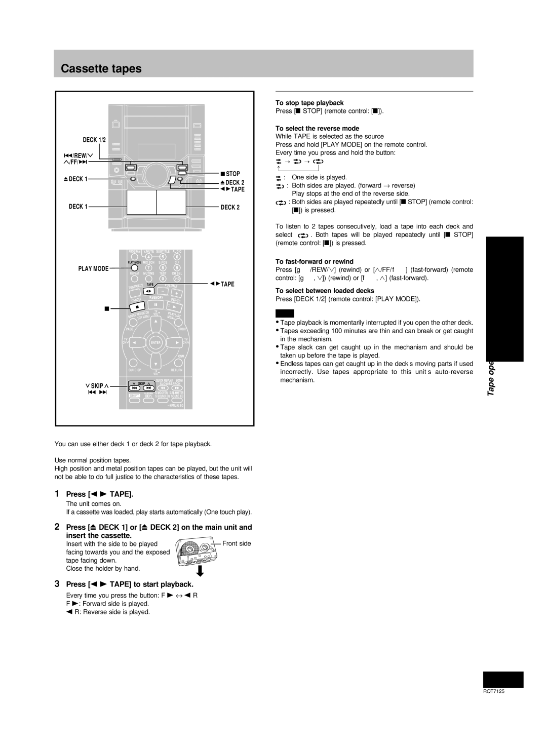 Panasonic SC-VK90D, SC-VK80D, SC-VK70D operating instructions Cassette tapes, Press / Tape to start playback 