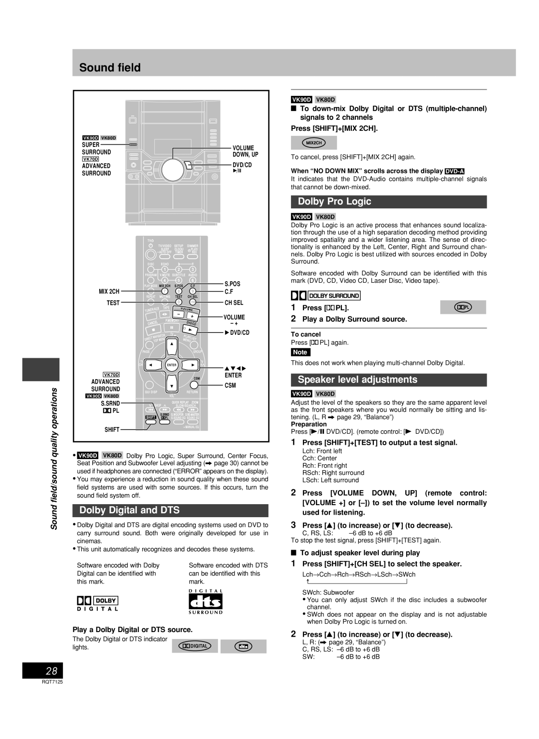 Panasonic SC-VK80D, SC-VK90D, SC-VK70D Dolby Digital and DTS, Dolby Pro Logic, Speaker level adjustments 