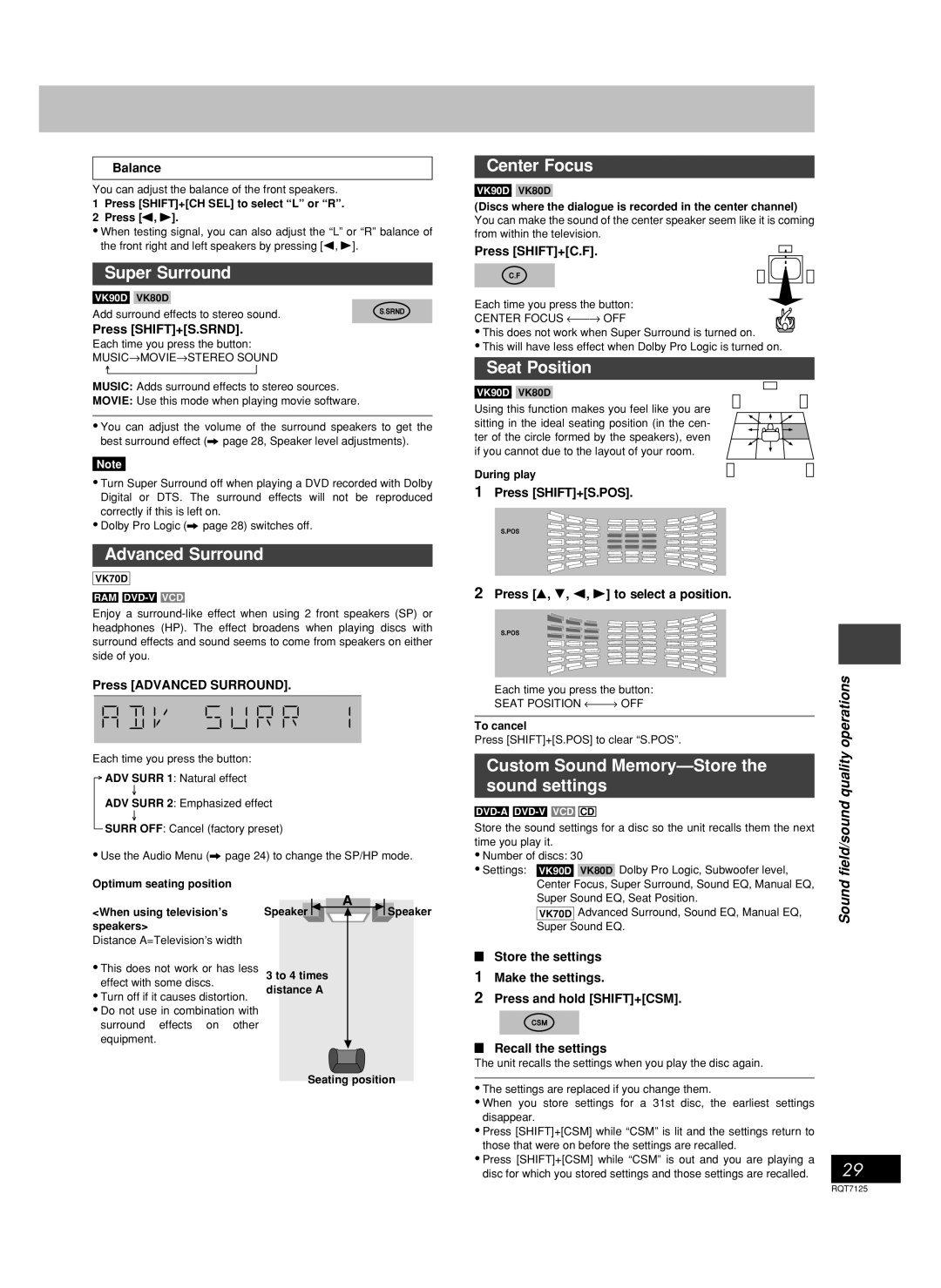 Panasonic SC-VK70D, SC-VK90D, SC-VK80D operating instructions Super Surround, Advanced Surround, Center Focus, Seat Position 