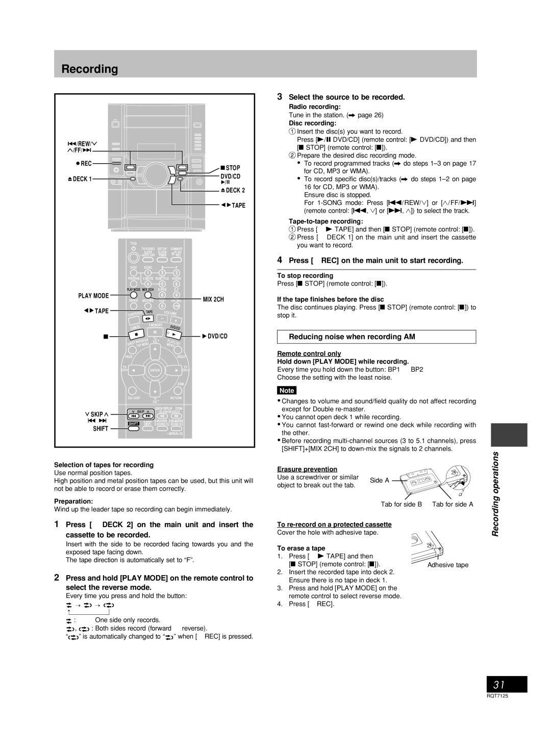 Panasonic SC-VK80D Select the source to be recorded, Press REC on the main unit to start recording, MIX 2CH, Tape 