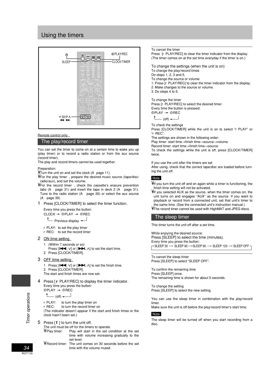 Panasonic SC-VK80D, SC-VK90D, SC-VK70D operating instructions Using the timers, Play/record timer, Sleep timer 