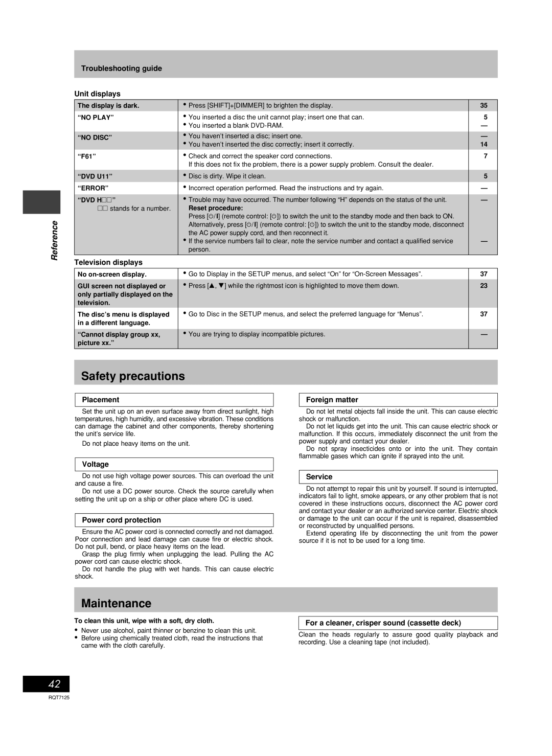 Panasonic SC-VK90D, SC-VK80D, SC-VK70D operating instructions Safety precautions, Maintenance 