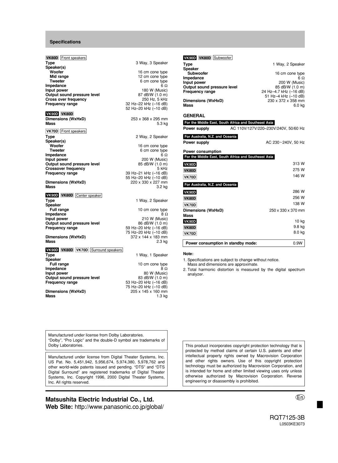 Panasonic SC-VK70D, SC-VK90D, SC-VK80D operating instructions Specifications 