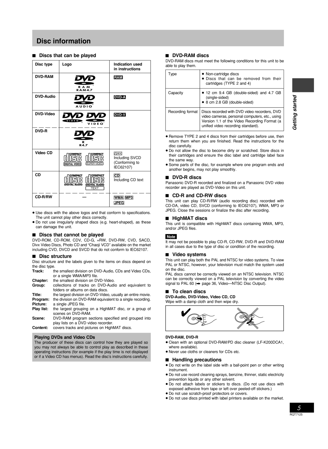 Panasonic SC-VK70D, SC-VK90D, SC-VK80D operating instructions Disc information, Playing DVDs and Video CDs 