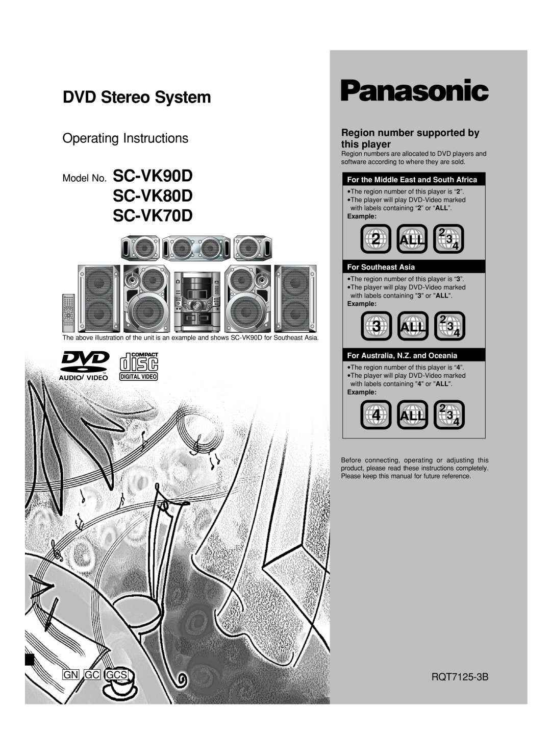 Panasonic SC-VK80D operating instructions 2234, Model No. SC-VK90D, Gngcgcs, Region number supported by this player 