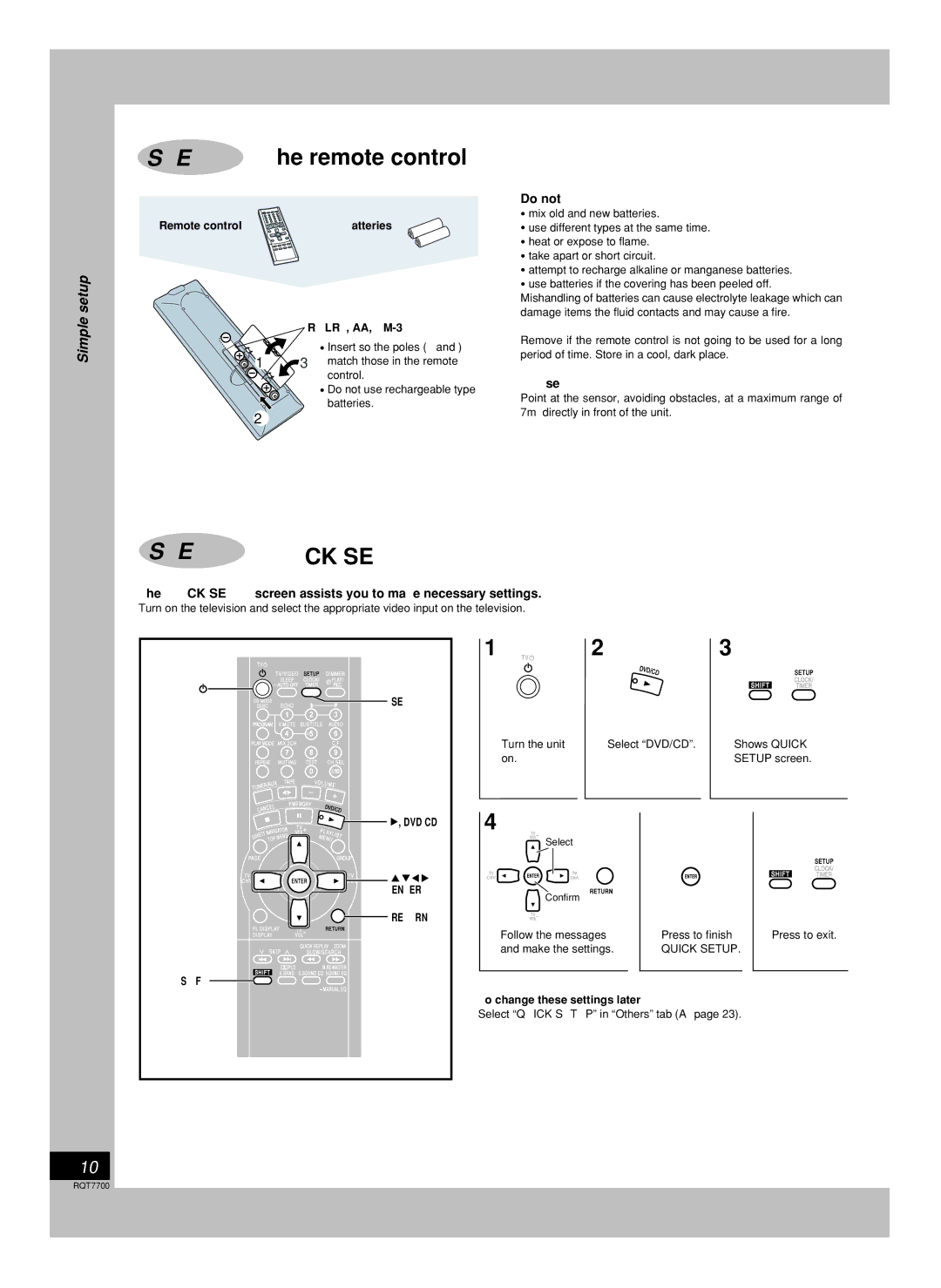 Panasonic SC-VK71D, SC-VK91D manual Remote control, Do not, Use, Quick Setup screen assists you to make necessary settings 