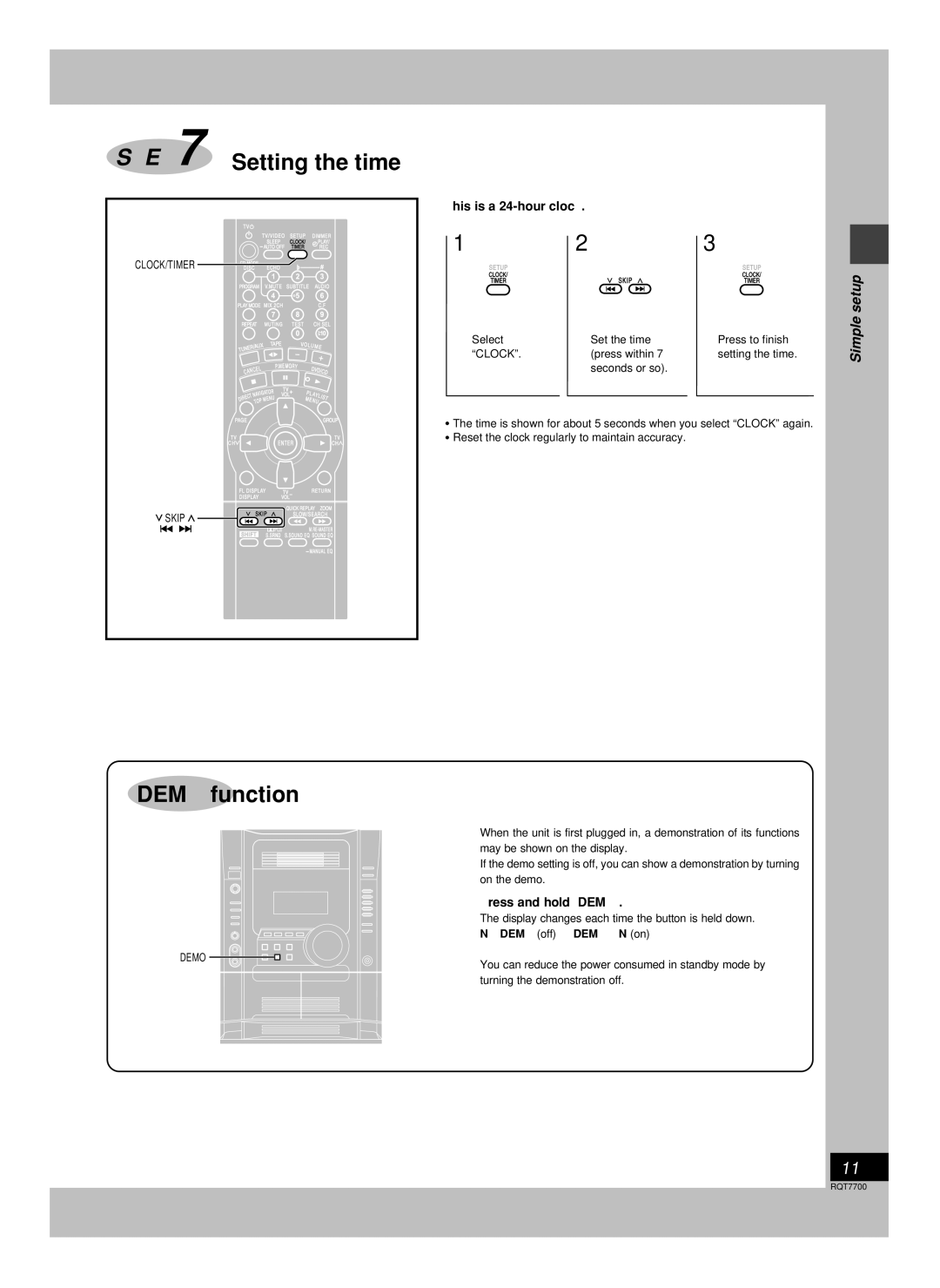 Panasonic SC-VK81D, SC-VK91D, SC-VK71D Setting the time, Demo function, 123, This is a 24-hour clock, Press and hold -DEMO 