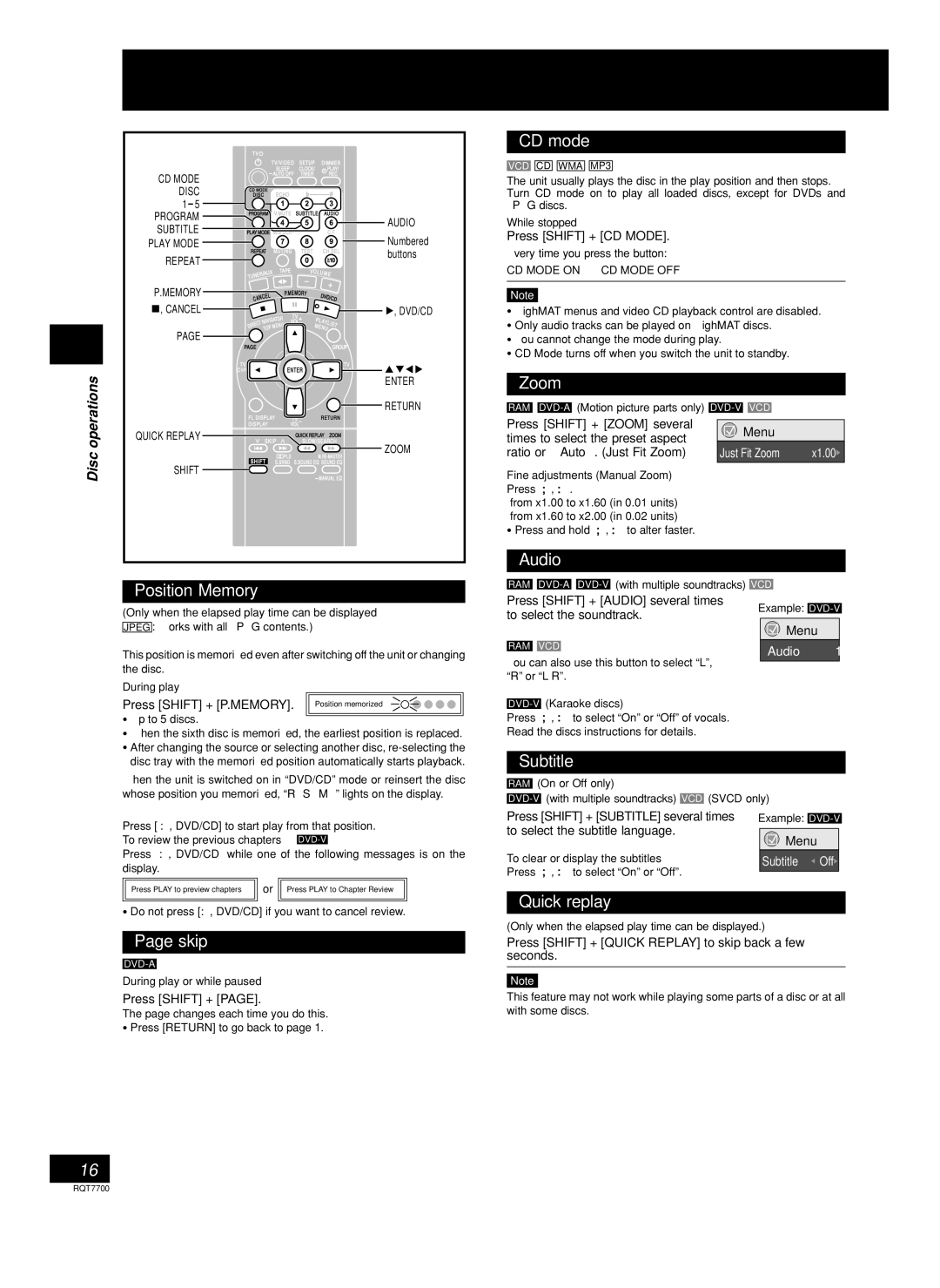 Panasonic SC-VK71D, SC-VK91D, SC-VK81D manual Discs Convenient functions 