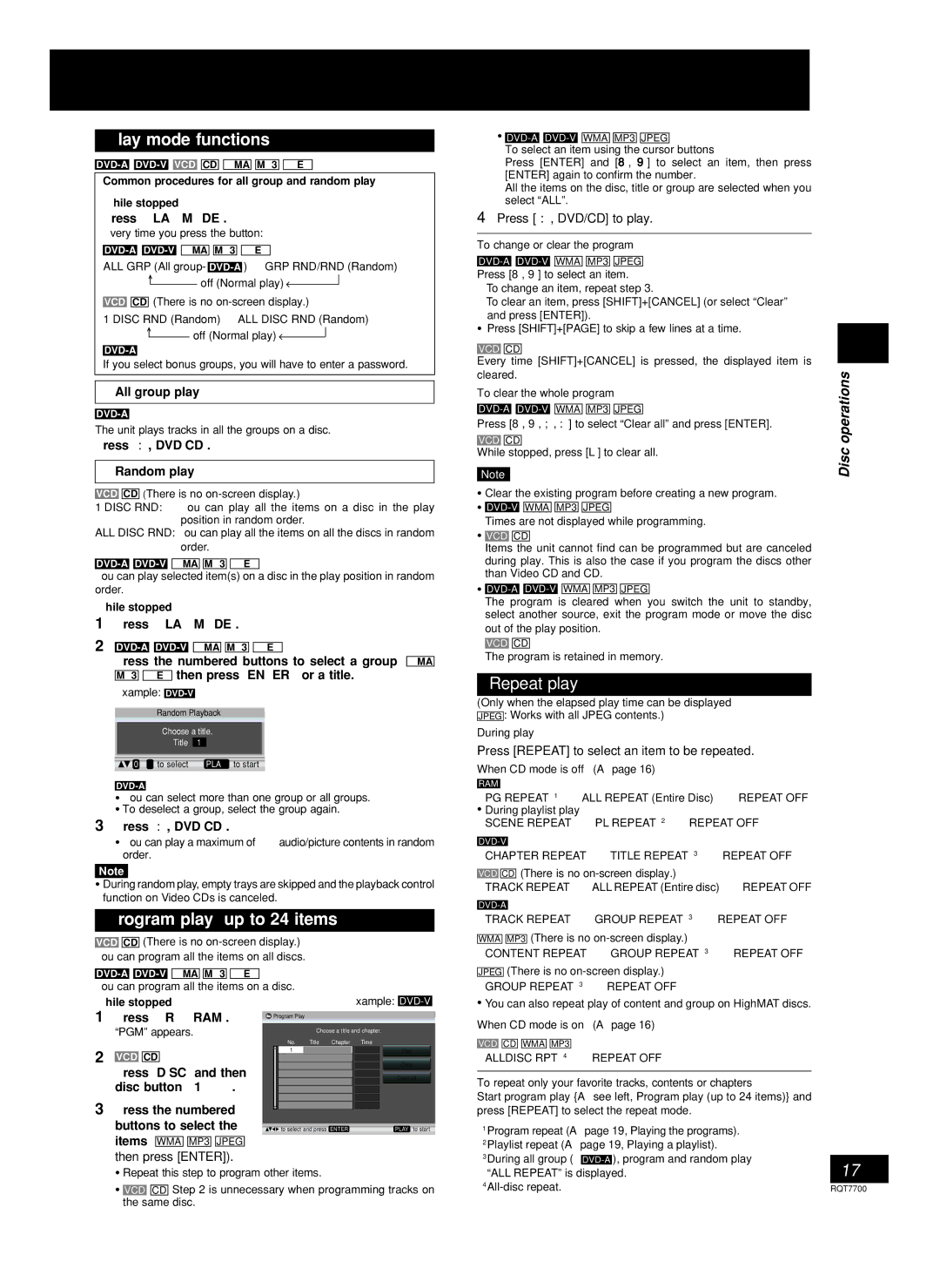 Panasonic SC-VK81D, SC-VK91D, SC-VK71D manual Play mode functions, Program play up to 24 items, Repeat play 