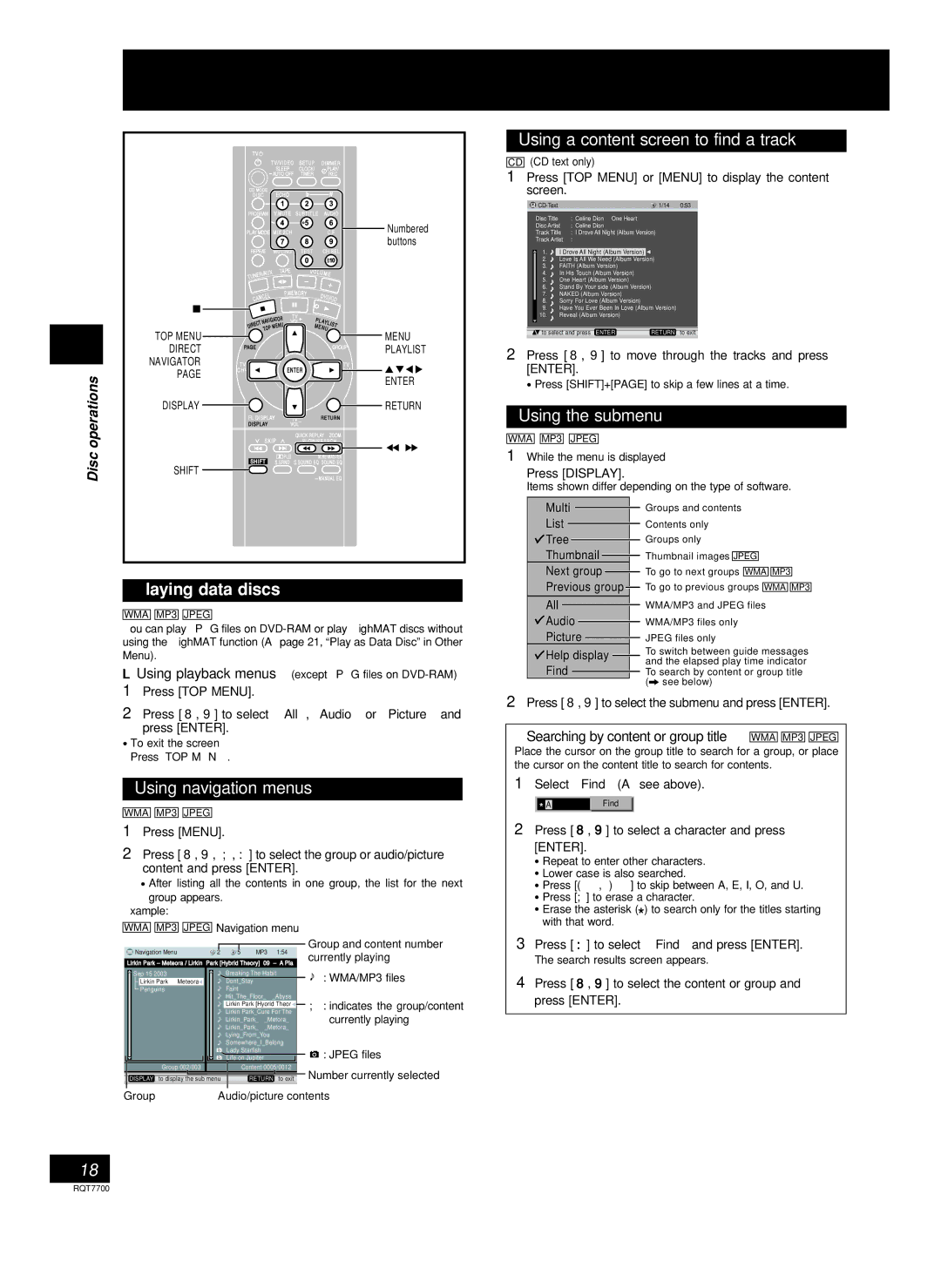 Panasonic SC-VK91D, SC-VK71D manual Discs Using navigation menus, Using a content screen to find a track, Using the submenu 