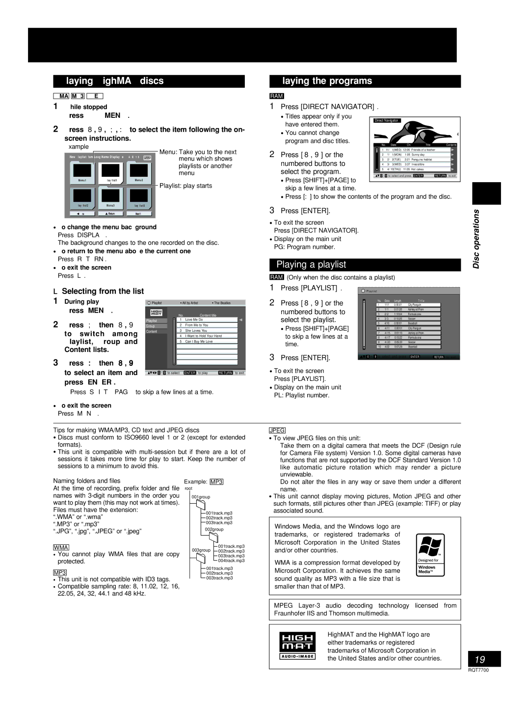 Panasonic SC-VK71D, SC-VK91D, SC-VK81D Playing HighMAT discs, Playing the programs, Playing a playlist, Disc operations 