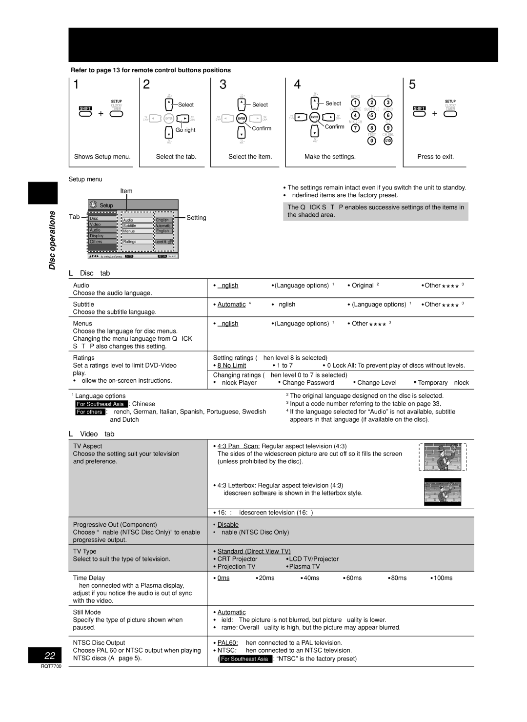 Panasonic SC-VK71D, SC-VK91D, SC-VK81D manual Discs Changing the player’s setting, Disc tab, Video tab 