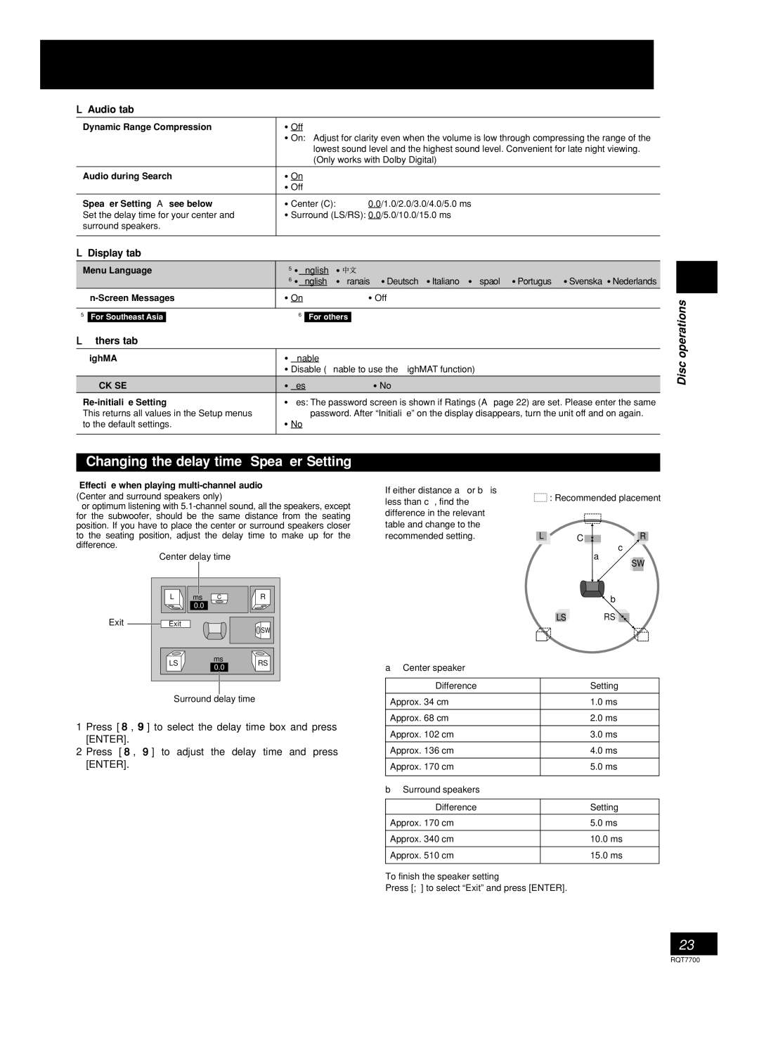 Panasonic SC-VK81D, SC-VK91D, SC-VK71D manual Changing the delay time Speaker Setting 