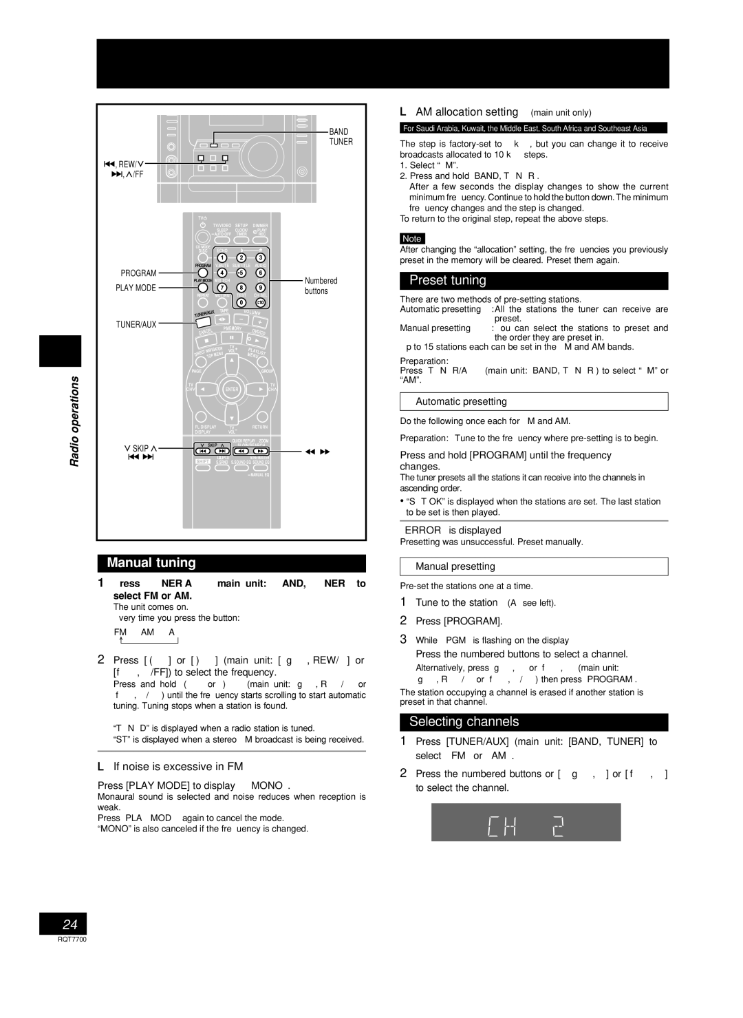 Panasonic SC-VK91D, SC-VK71D, SC-VK81D manual Manual tuning, Preset tuning, Selecting channels, Operations Radio 