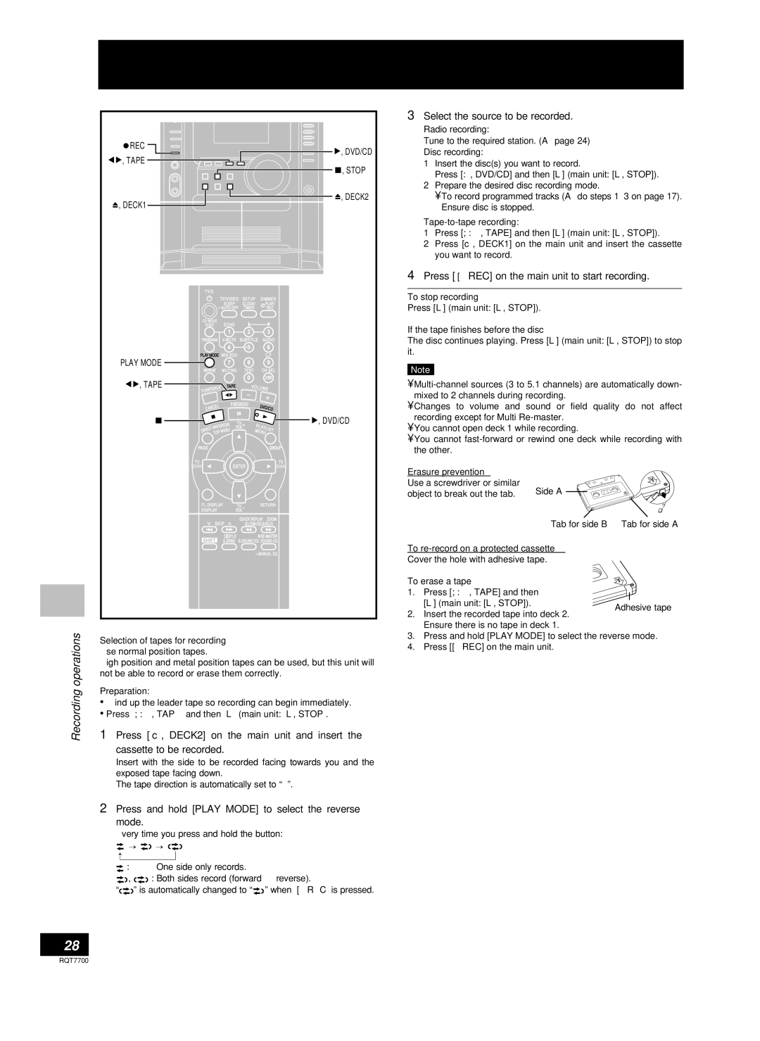 Panasonic SC-VK71D, SC-VK91D, SC-VK81D manual Recording operations, Press and hold Play Mode to select the reverse mode 