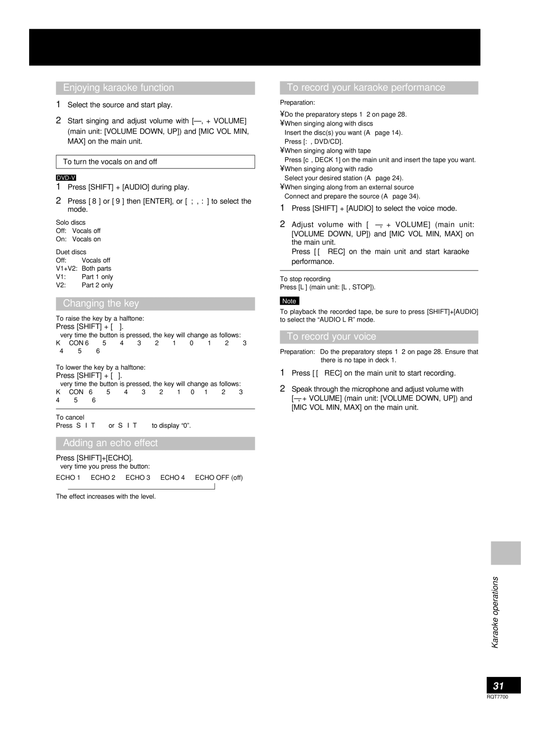 Panasonic SC-VK71D Enjoying karaoke function, Changing the key, Adding an echo effect, To record your karaoke performance 