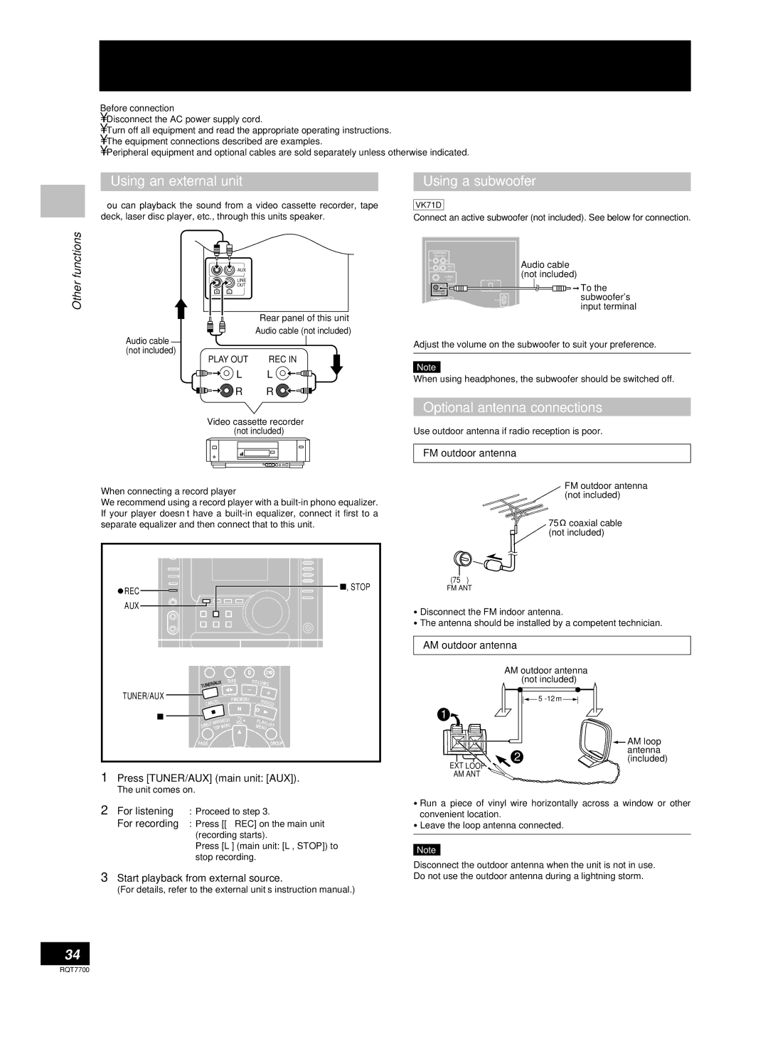 Panasonic SC-VK71D manual Using other equipment, Using an external unit, Using a subwoofer, Optional antenna connections 