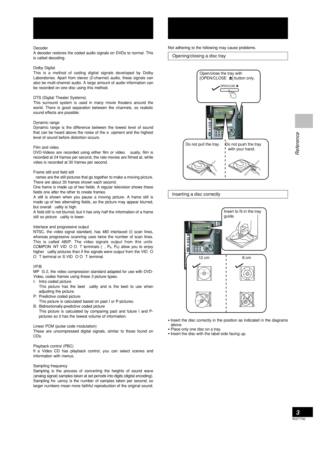 Panasonic SC-VK81D, SC-VK91D, SC-VK71D manual Glossary, Tray/disc handling procedure, Reference, Opening/closing a disc tray 