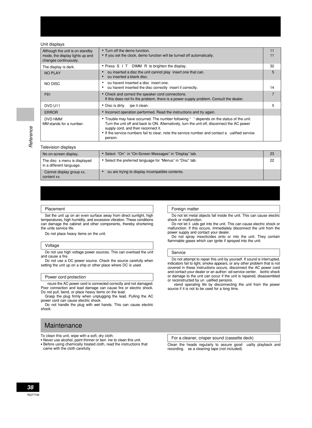 Panasonic SC-VK81D, SC-VK91D, SC-VK71D manual Safety precautions, Maintenance 