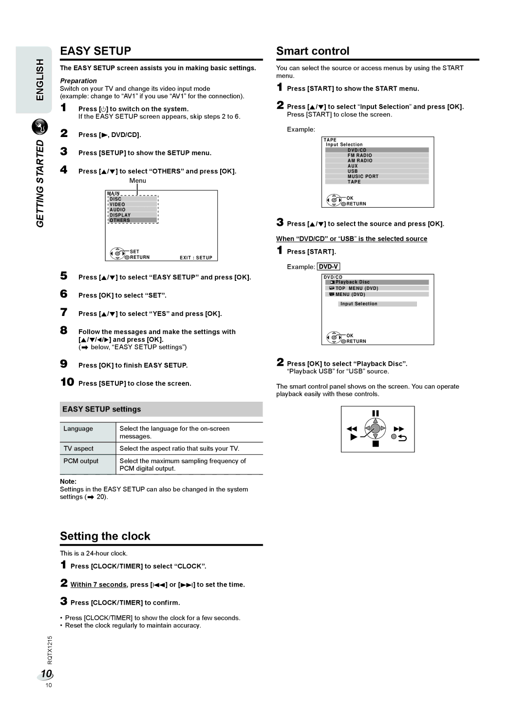 Panasonic SC-VKX60 operating instructions Setting the clock, Smart control, Easy Setup settings, Preparation 