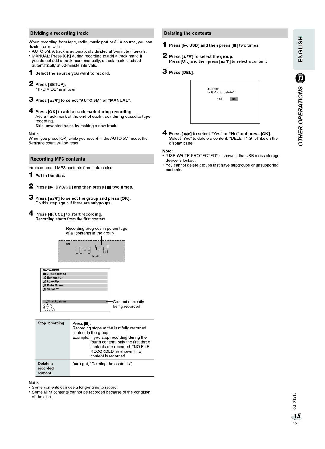 Panasonic SC-VKX60 operating instructions Dividing a recording track, Recording MP3 contents, Deleting the contents 