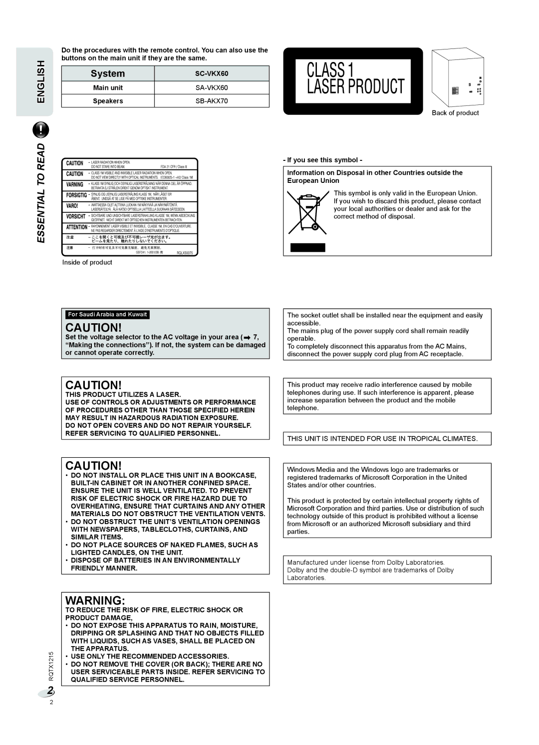 Panasonic SC-VKX60 SB-AKX70, SA-VKX60, This Product Utilizes a Laser, Apparatus, USE only the Recommended Accessories 