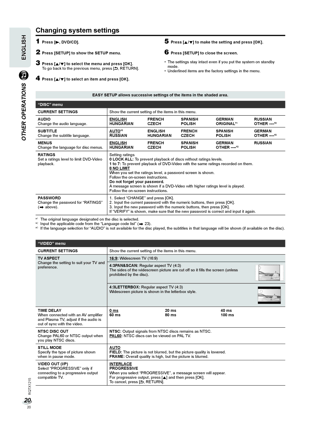 Panasonic SC-VKX60 operating instructions Changing system settings 