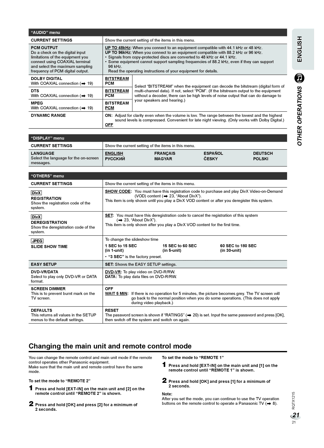 Panasonic SC-VKX60 operating instructions Changing the main unit and remote control mode 