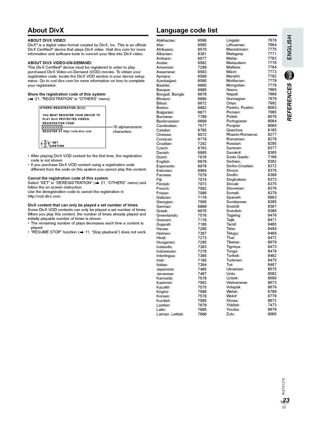 Panasonic SC-VKX60 operating instructions About DivX, Language code list, About Divx Video About Divx VIDEO-ON-DEMAND 