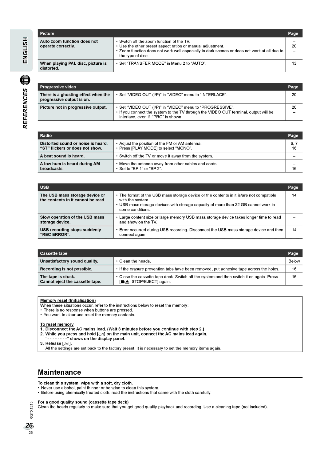 Panasonic SC-VKX60 operating instructions Maintenance, Progressive video, Radio, REC Error, Cassette tape 