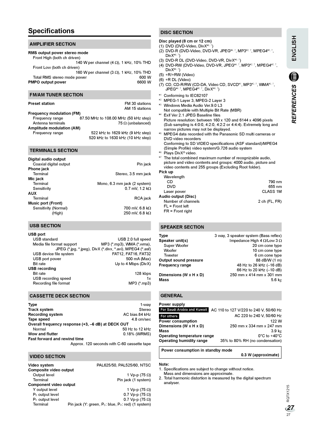 Panasonic SC-VKX60 operating instructions Specifications, Aux 