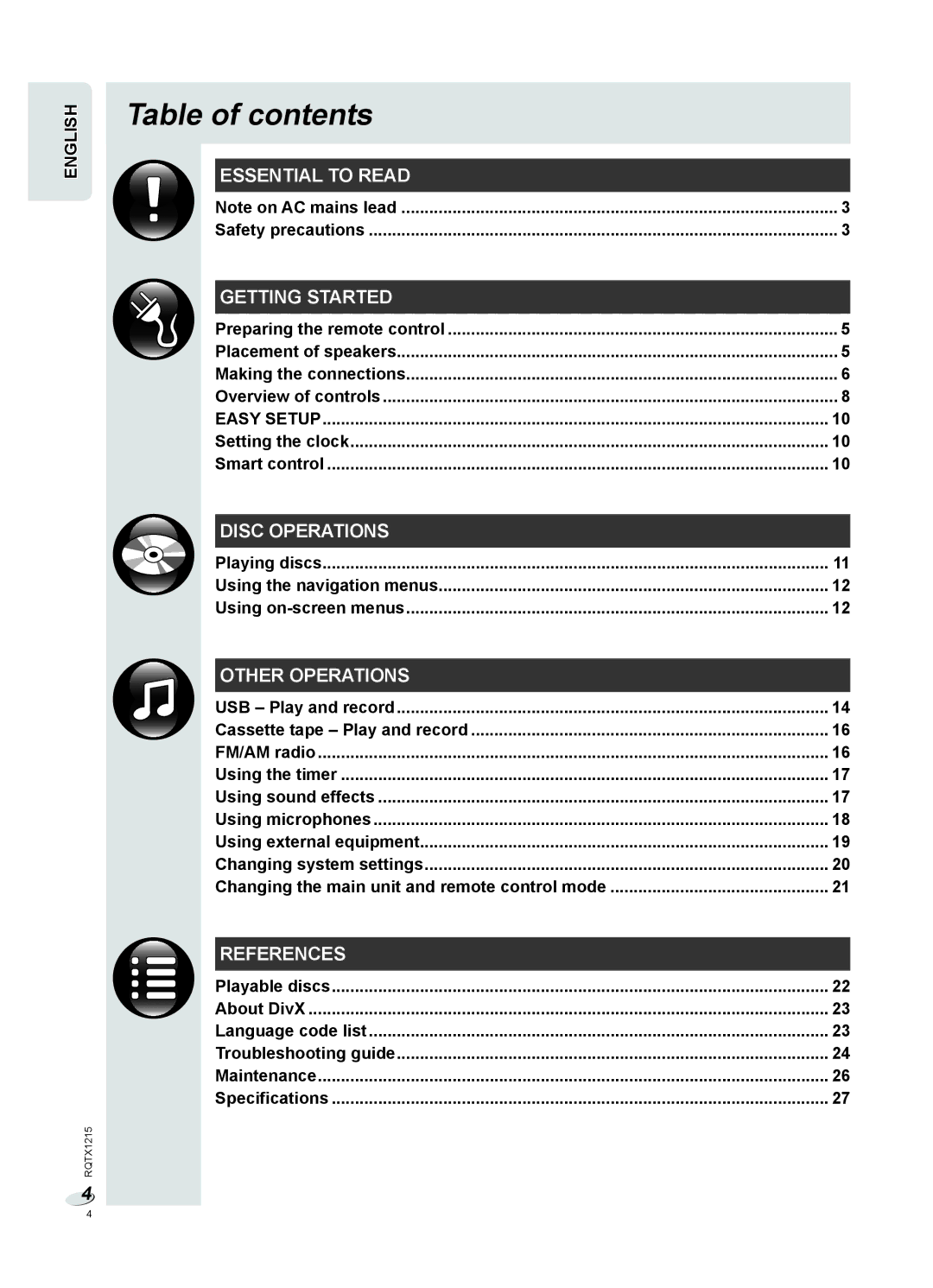 Panasonic SC-VKX60 operating instructions Table of contents 