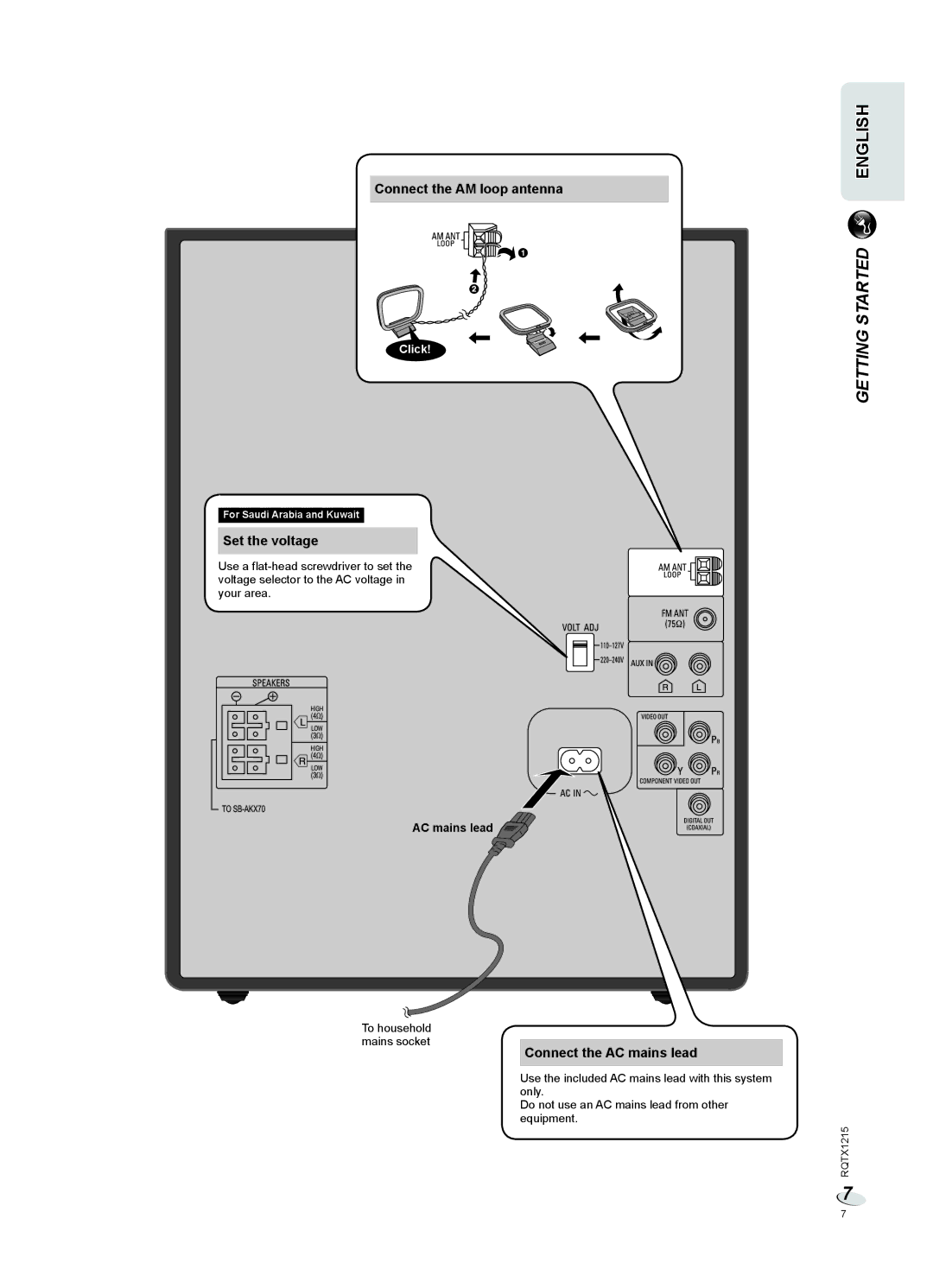 Panasonic SC-VKX60 operating instructions Connect the AM loop antenna, Set the voltage, Connect the AC mains lead, Click 