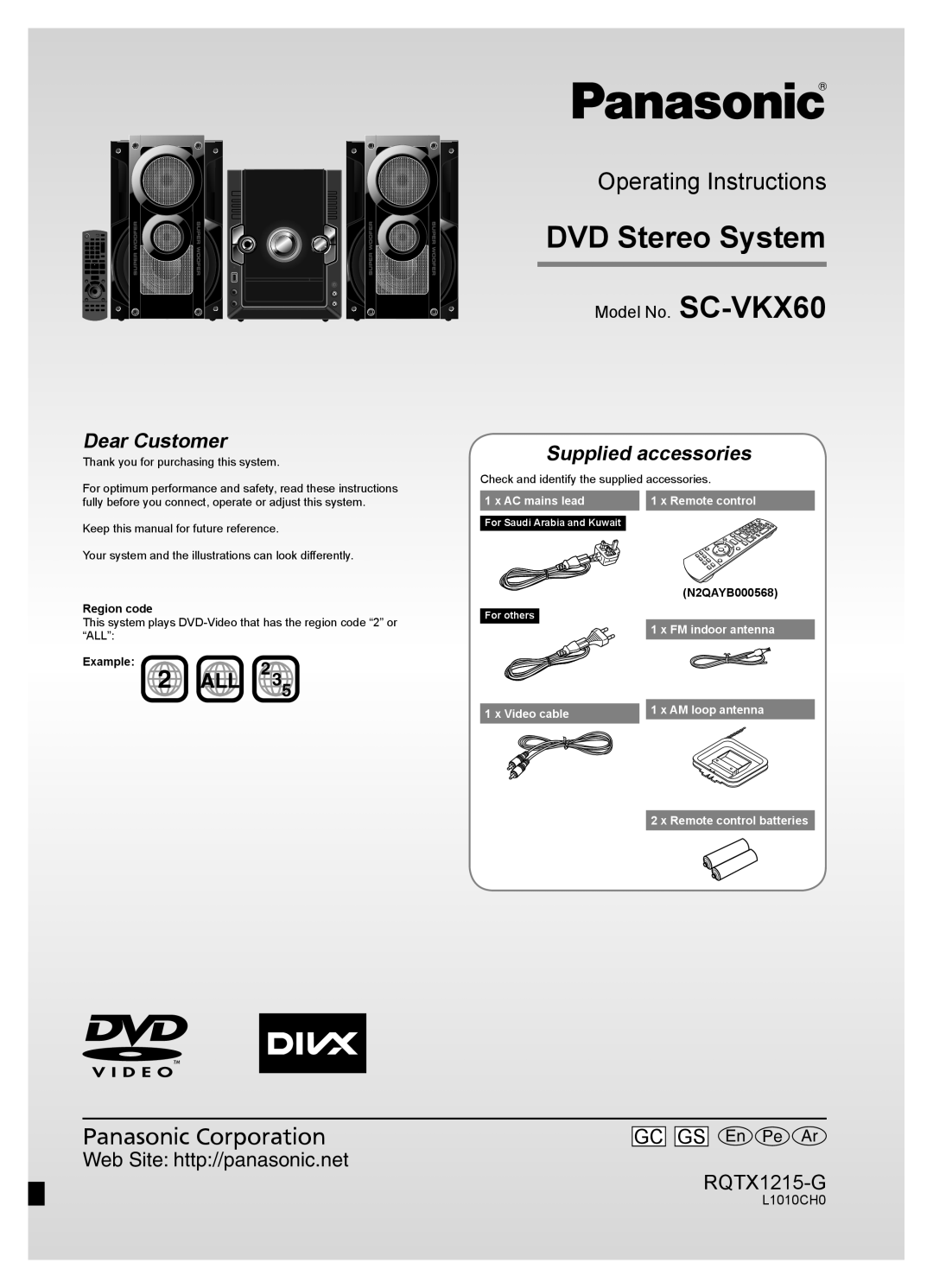 Panasonic SC-VKX60 operating instructions DVD Stereo System, Operating Instructions, Supplied accessories, RQTX1215-G 