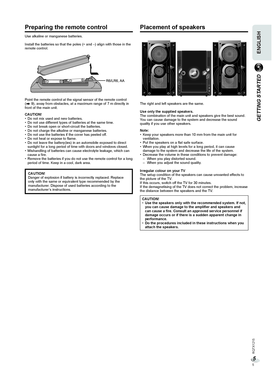 Panasonic SC-VKX60 operating instructions Preparing the remote control, Placement of speakers, Getting Started, English 
