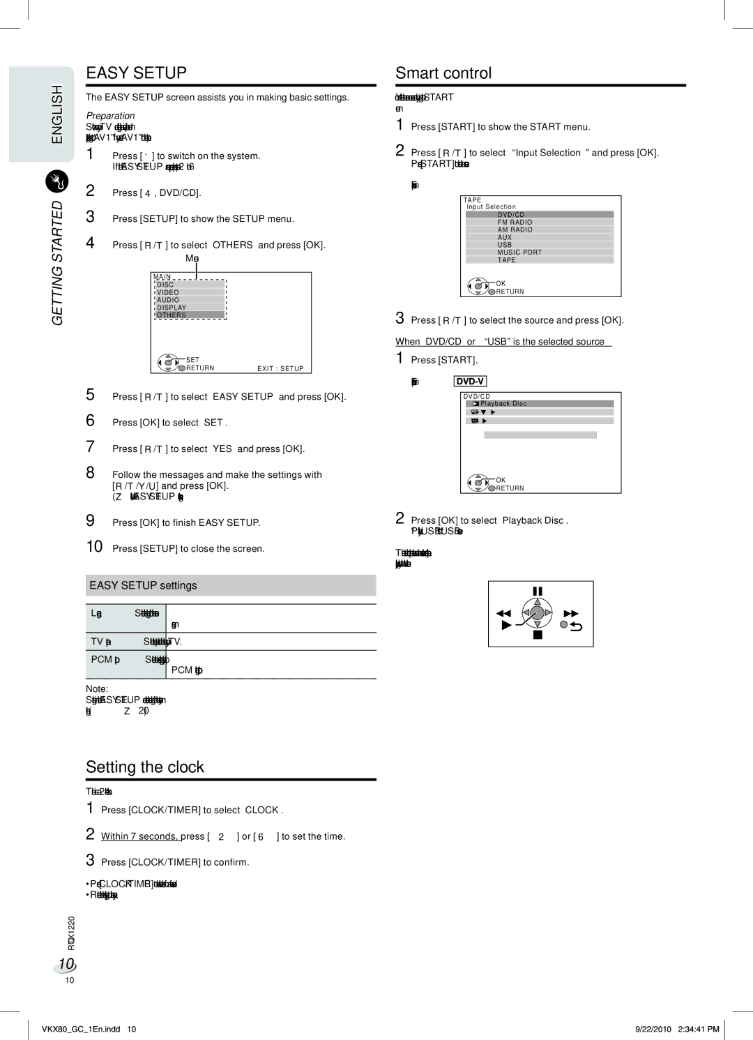 Panasonic SC-VKX80 manual Setting the clock, Smart control, Easy Setup settings, Preparation 