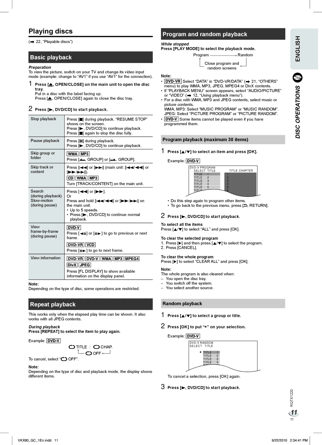 Panasonic SC-VKX80 manual Playing discs, Basic playback, Program and random playback, Disc Operations, Repeat playback 