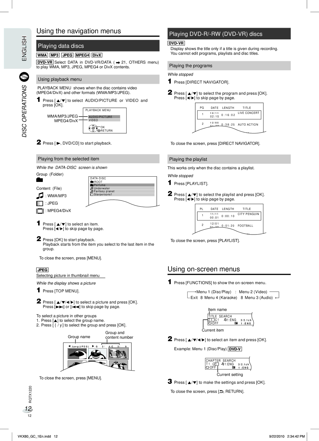 Panasonic SC-VKX80 Using the navigation menus, Using on-screen menus, Playing data discs, Playing DVD-R/-RW DVD-VR discs 