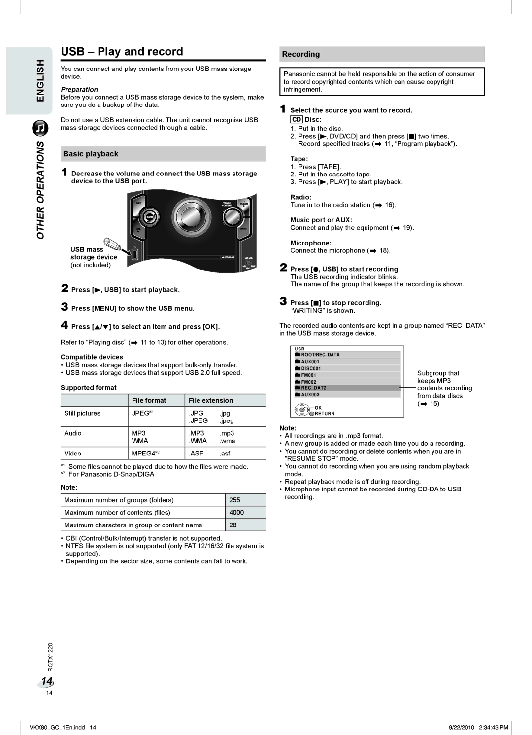 Panasonic SC-VKX80 manual USB Play and record, Other Operations, Basic playback, Recording, USB mass Storage device 